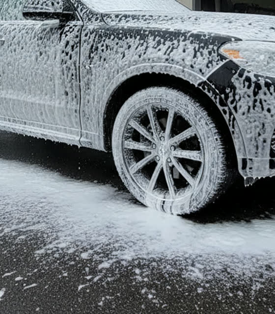 Example photo of an SUV covered in foam during a wash