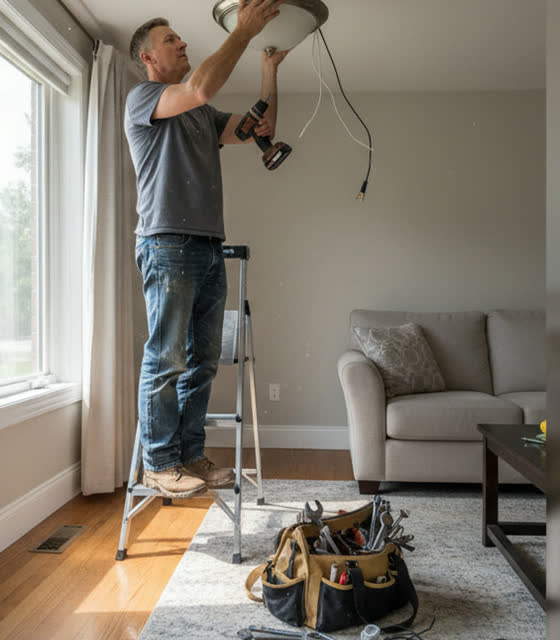 Example photo of a handyman installing a ceiling light