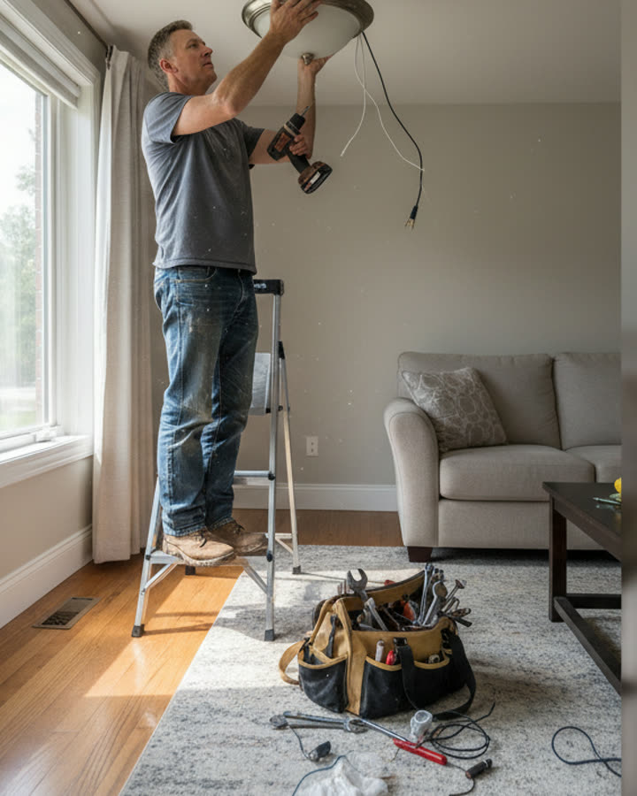 A handyman on a stepladder installing a ceiling light