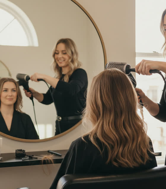 Example photo of a stylist blow-drying a client's hair