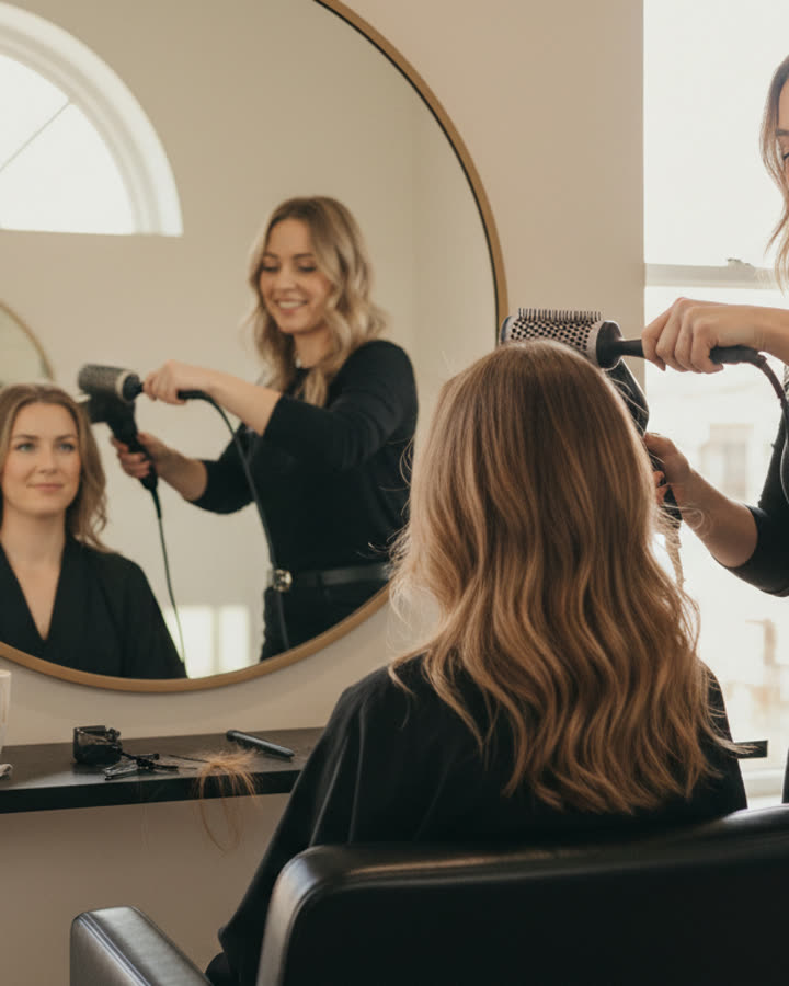 A stylist mid-blowout at a salon chair