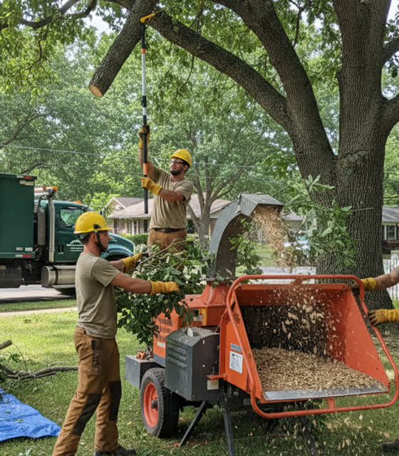 Example photo of a tree crew feeding branches into a chipper