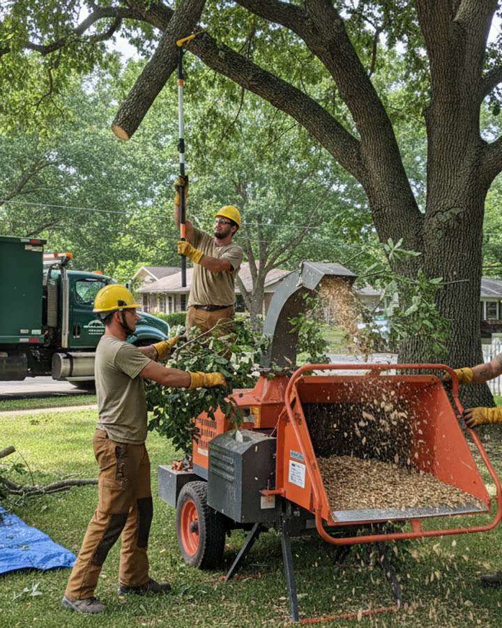 A tree service crew feeding branches into a chipper in a front yard