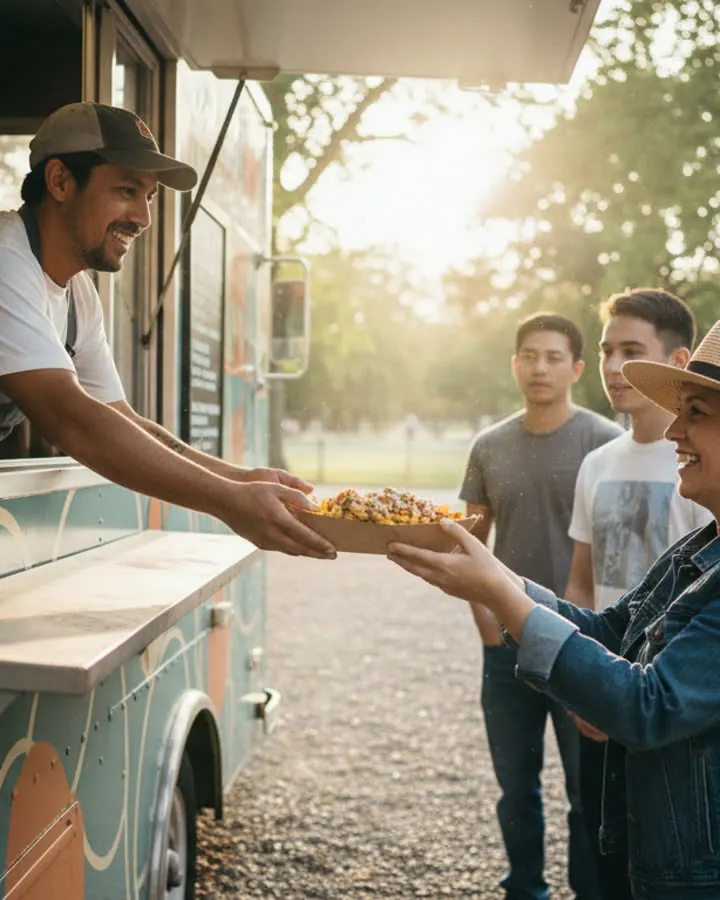 Example photo of a food truck owner handing a tray to a customer at the window